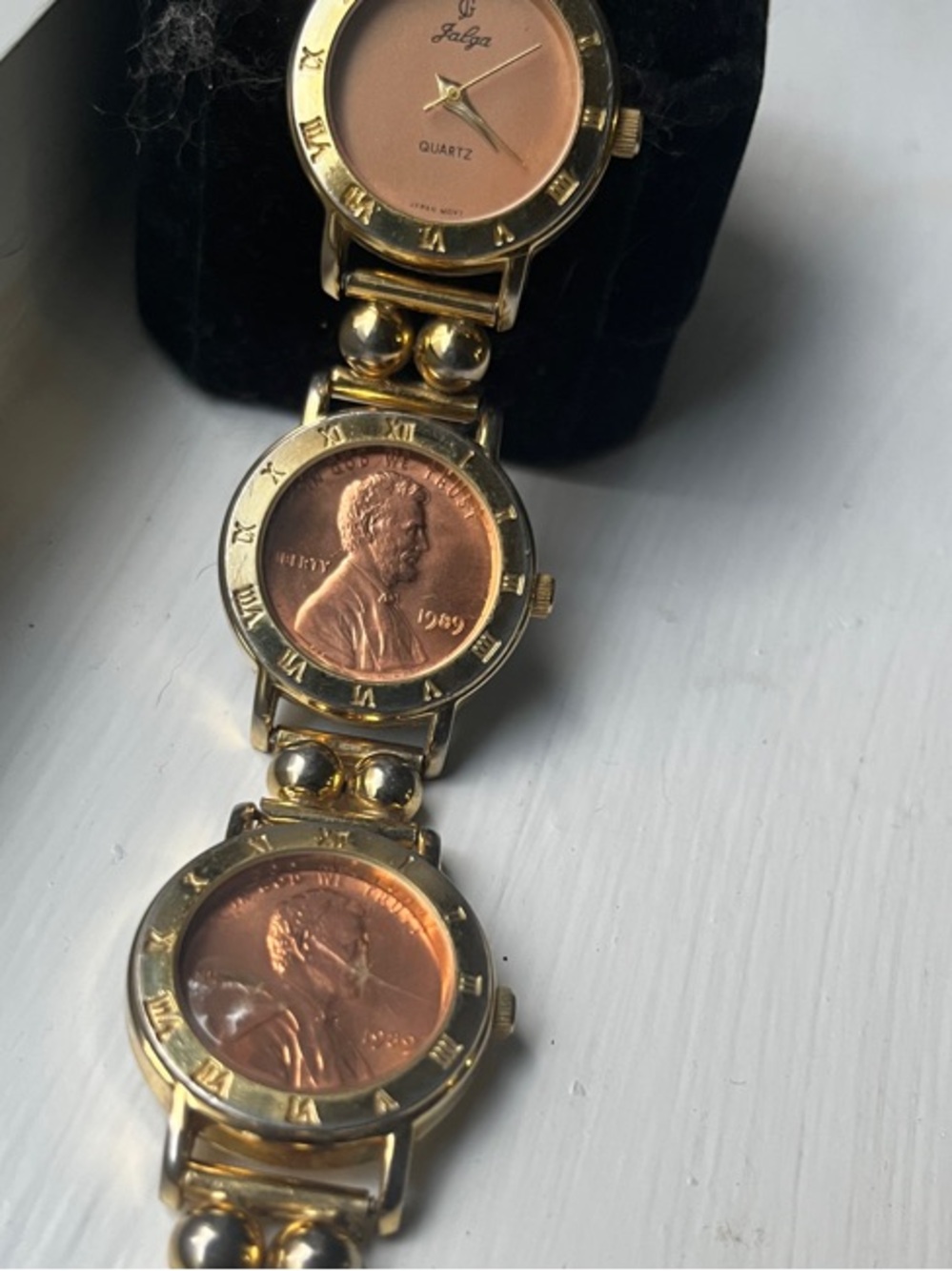 Vintage Jalga Gold Tone Lincoln Penny Coin Bracelet Watch 1989 Retro